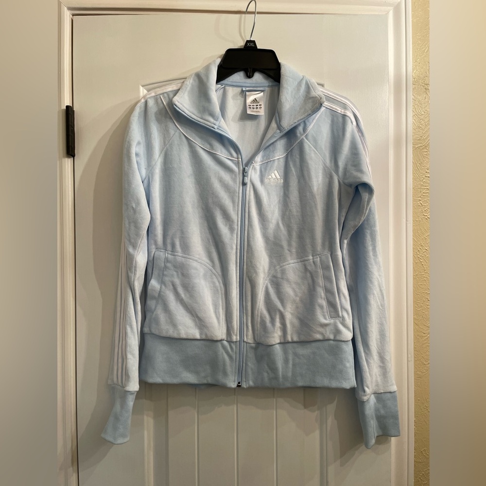 Adidas ice blue velour zip-up, size S